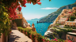 Tranquil pathway lined with lush flowers with Amalfi Lagoon Tucked away in a hidden corn